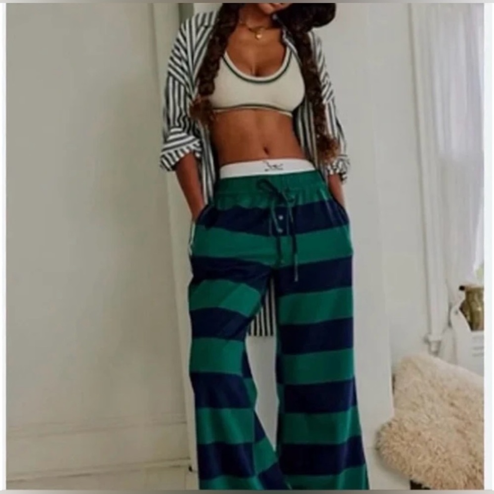 Free People Green and Navy Wide-Leg Striped Lounge Pants